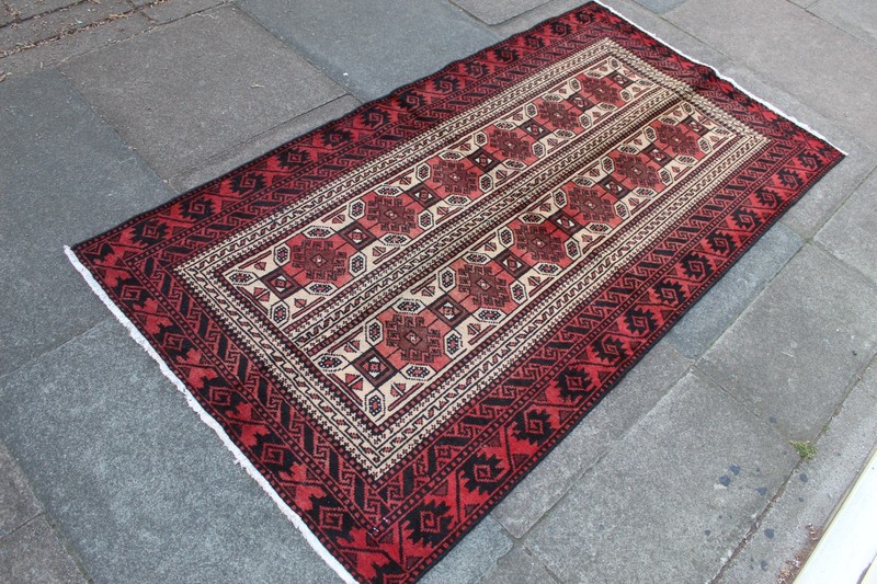 Vintage Hand Made Traditional Oriental Wool Beige Red Long Rug 191x103cm gallery