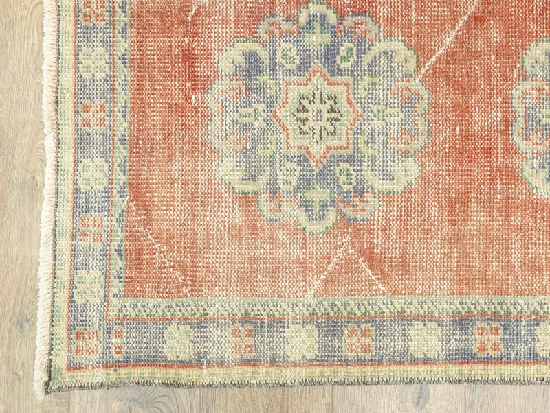Rustic Turkish Oushak Runner – 2.7x11.7 ft – Distressed Pastel Red & Blue Rug gallery