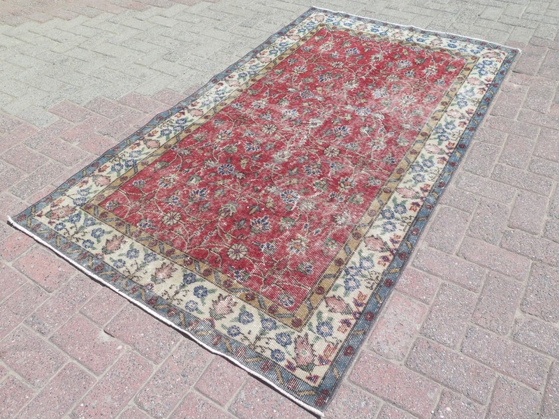 Crimson Red Vintage Distressed Turkish Carpet, Handwoven Floral Wool Rug 45"x80" gallery