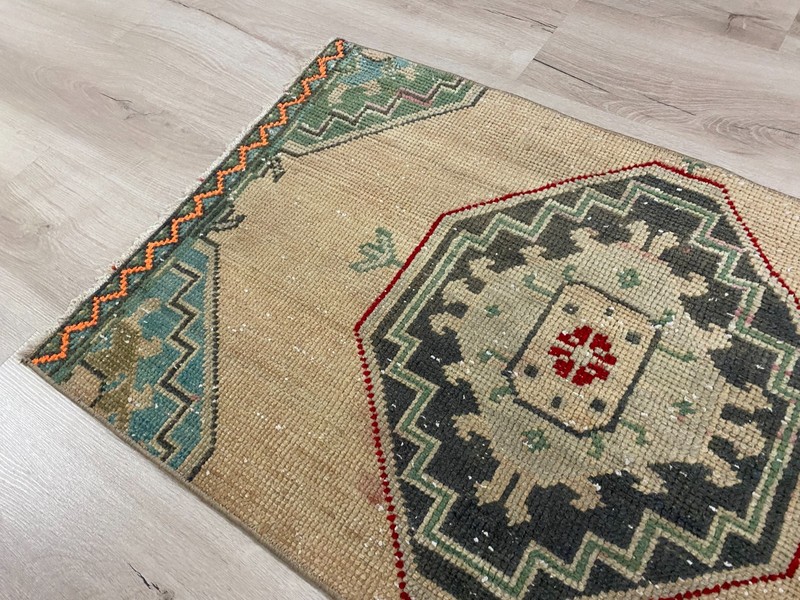 Vintage Turkish Handmade Wool Tribal Runner Rug Beige Anatolian Carpet 1.9x3.3ft gallery