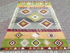 Vintage Turkish Kilim Area Rug with Grey & Pistachio, Tribal Boho Decor 62″x96″