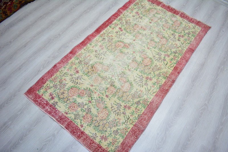 Red Beige Handmade Floral Rug, 3.5x6.5ft, Vintage Turkish Bordered Oushak Rug, gallery