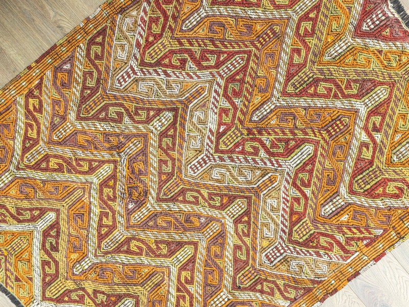 Hand-Embroidered Vintage Kilim Rug 4.4x5.6 ft Turkish Rug in Orange Red Green gallery