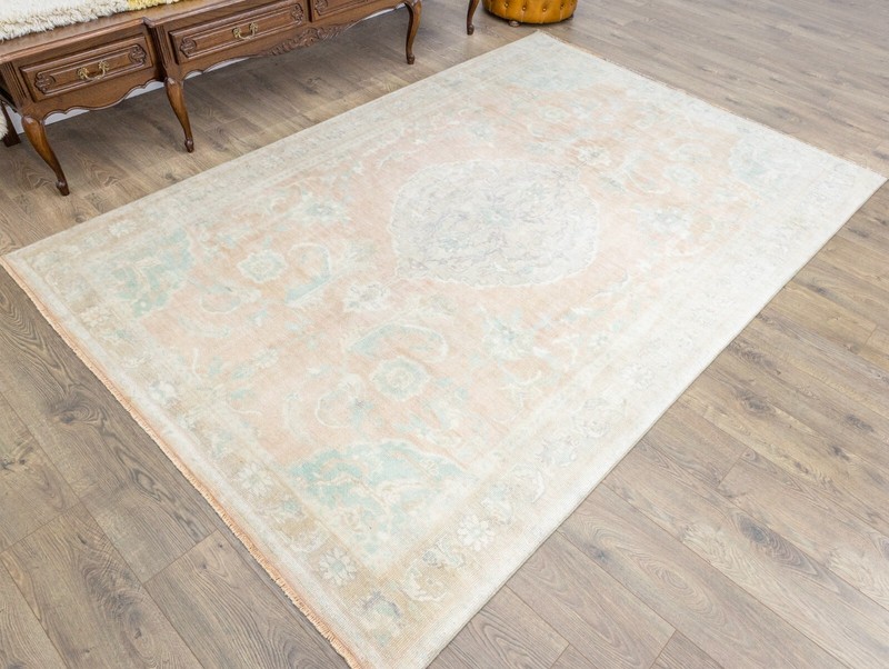 Vintage Turkish Oushak Rug – Coral Wool Oriental – 6'3x9'3 ft Living Room gallery