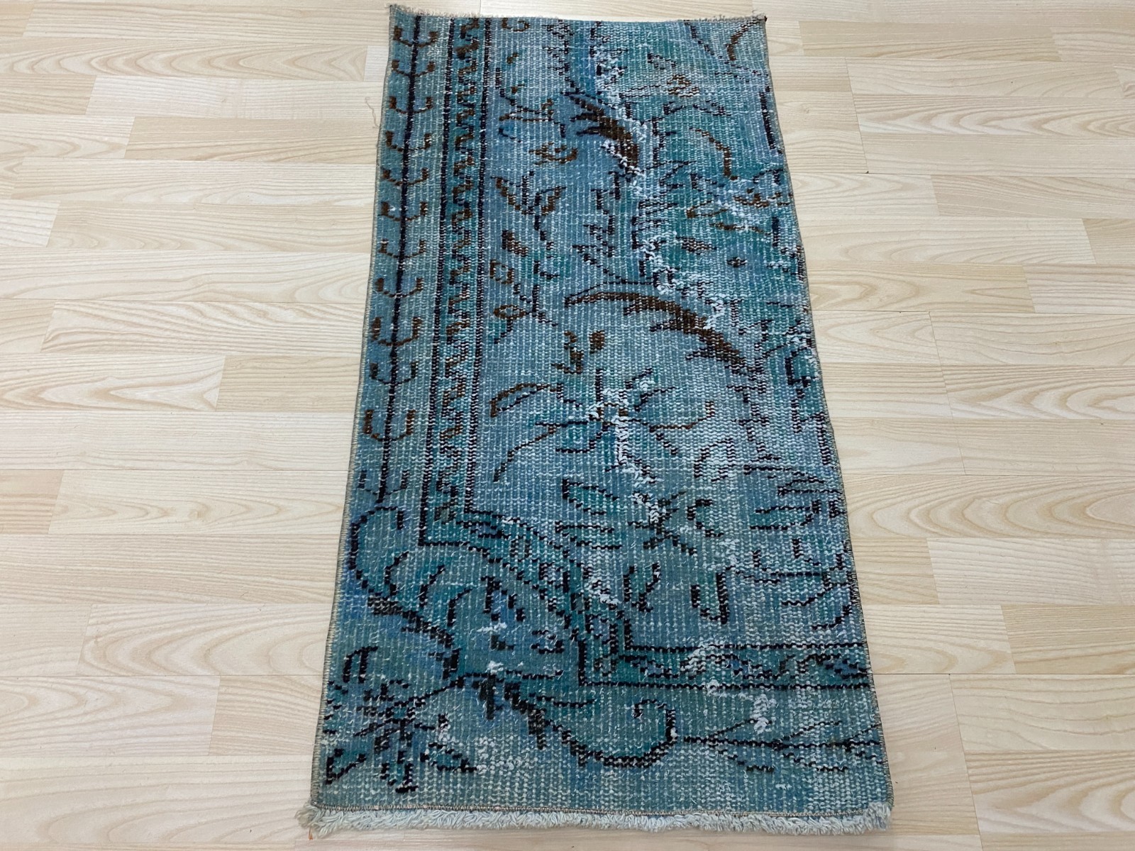 Vintage Anatolian Rug 1.6x3.1 ft Antique Teal Blue Distressed Wool Carpet Mat gallery