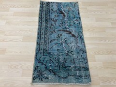 Vintage Anatolian Rug 1.6×3.1 ft Antique Teal Blue Distressed Wool Carpet Mat