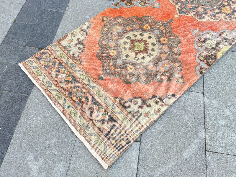 Vintage Turkish Oushak Runner Rug 2.4x12.4 Ft Coral Medallion Wool gallery