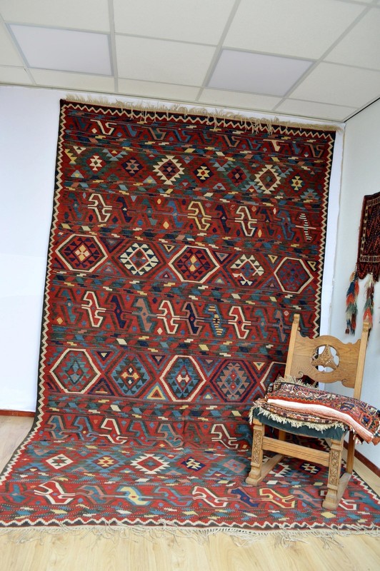 GORGEOUS LARGE ANTIQUE CAUCASIAN SHIRVAN AREA KILIM Circa 1890's kazak gallery