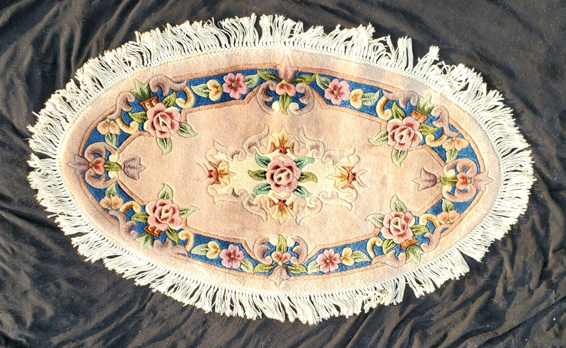 VINTAGE FLORAL OVAL RUG PINK WOOL RUG SILK AREA RUG OVAL 52" X 32" gallery
