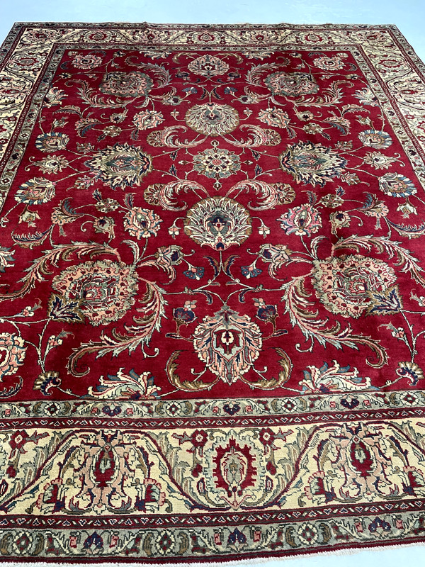 Antique Oriental Hand-Knotted Wool Area Rug Red/Ivory/Blue/Salmon 9'3" x 10'11" gallery