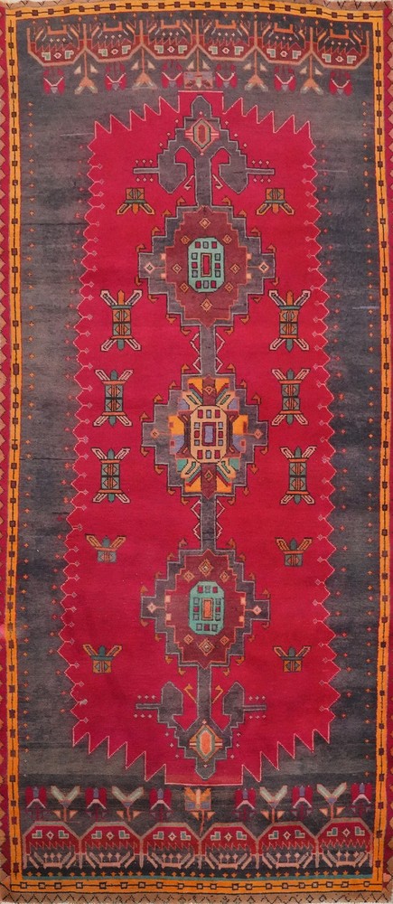 Vintage Red Wool Hand-knotted Geometric 10 ft Runner Rug Traditional Carpet 4x10