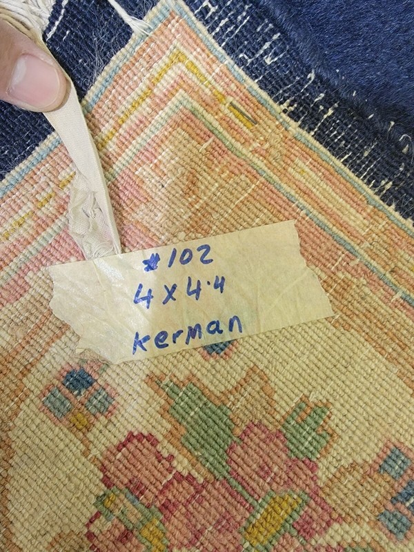 Antique Oriental Hand-Knotted Wool Area Rug Navy Blue/Terracotta/Beige 4' x 4'4" gallery