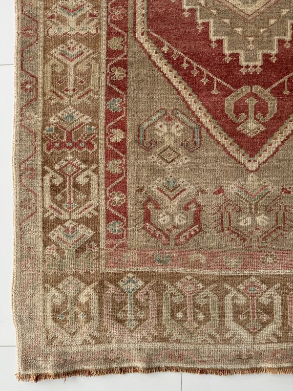 Vintage Hand Knotted Wool Oushak Rug, 3x6 Turkish Rug in Red Brown Beige Tones gallery