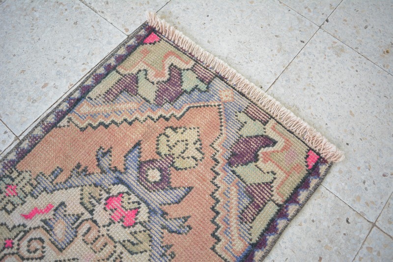 Pink Antique Turkish Hand Knotted Door Mat, 1.5x3.1ft, Multicolor Vintage Rug, gallery