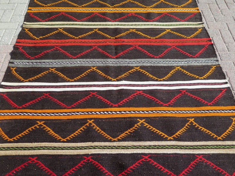 Area Rug Wool Rugs Vintage Turkish Kilim Floor Rug Dark Brown Large Rug 68"x142" gallery