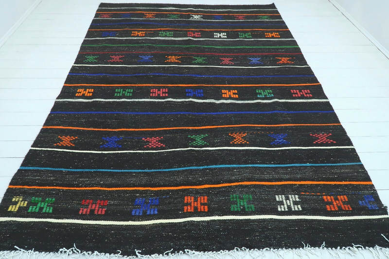 Black Striped Vintage Turkish Kelim, Handwoven Tirbal Large Carpet Rug 79"x111" gallery