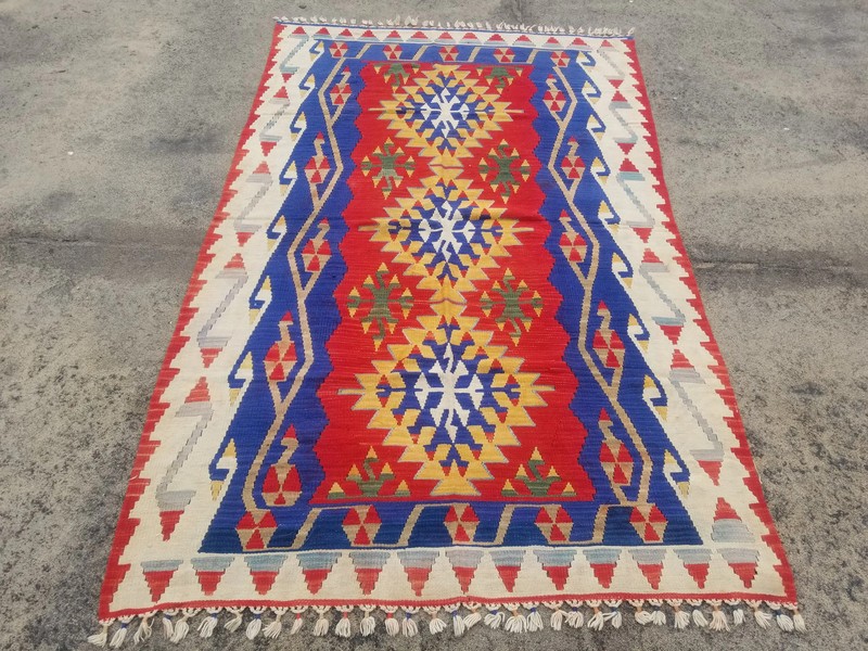 Vintage Traditional Handmade Turkish Tribal Wool Blue Kilim Rug 7.2x4.6ft gallery