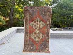 Handmade Turkish Rug 3.9×7.2 Ft Vintage Anatolian Wool Rug Terracotta Blue