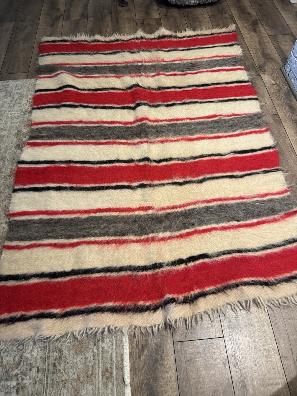 Vintage Hand Woven Striped Turkish Mohair Wool Shaggy Rug 5’x7’ Knotted Fringe gallery