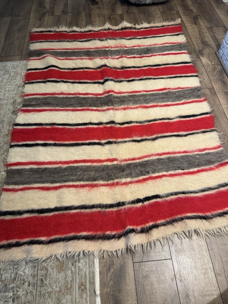 Vintage Hand Woven Striped Turkish Mohair Wool Shaggy Rug 5’x7’ Knotted Fringe