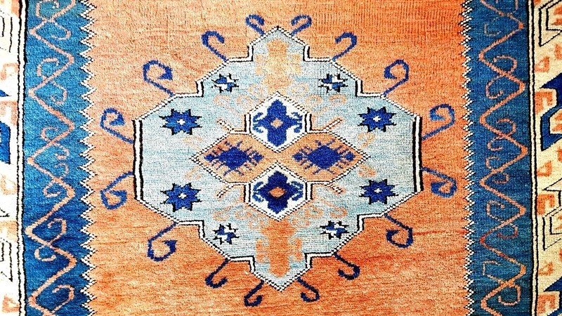 Vintage Turkish Oriental Rug (75 x 66 inches) PEACH and BLUE or 5'5 x 6'3 vgc gallery