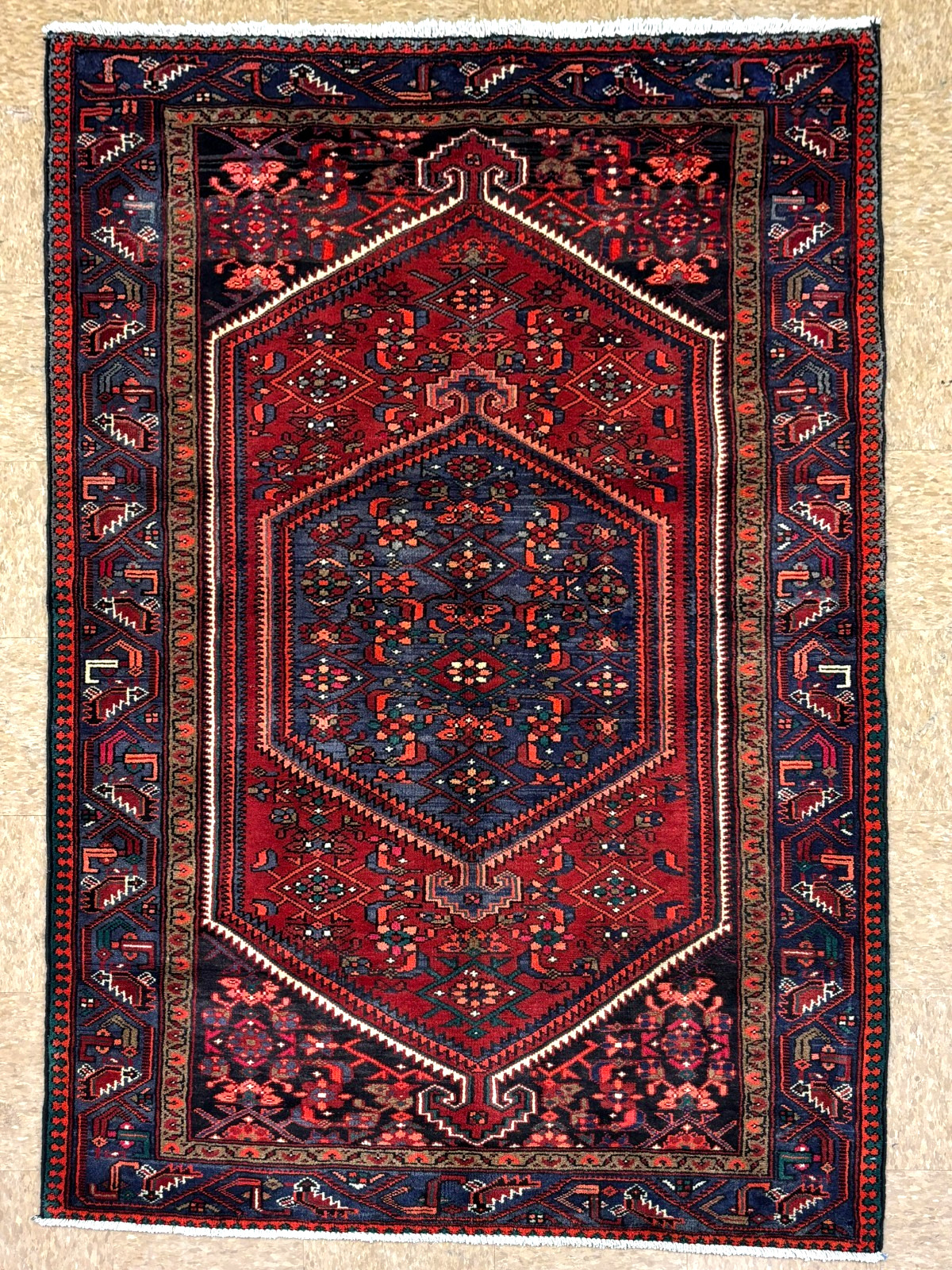 Vintage Zanjan Tribal Geometric Wool Rug 4x7 Hand Knotted Red Blue Oriental gallery