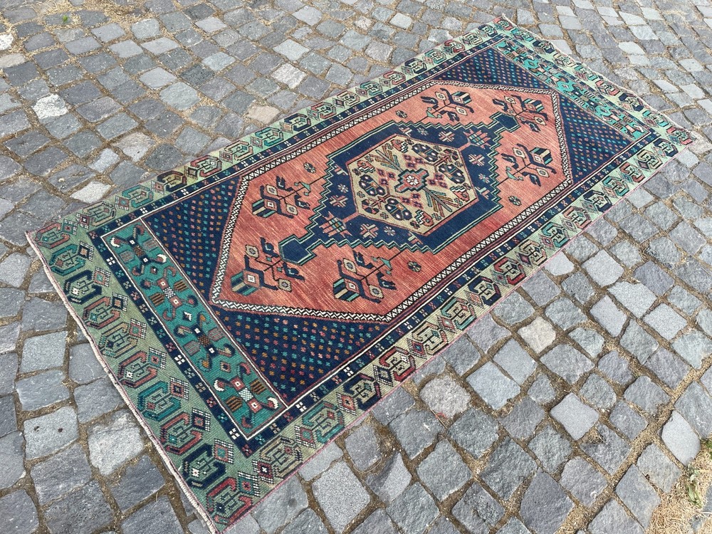 Bohemian Area Rug Handmade Wool Rug Turkish Vintage Traditional Rug 3,2 x 7,1 ft