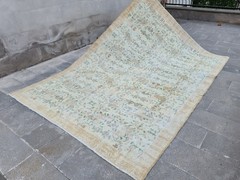Vintage Turkish Oushak Rug 7×10 Neutral Mint Green Wool Handmade Carpet
