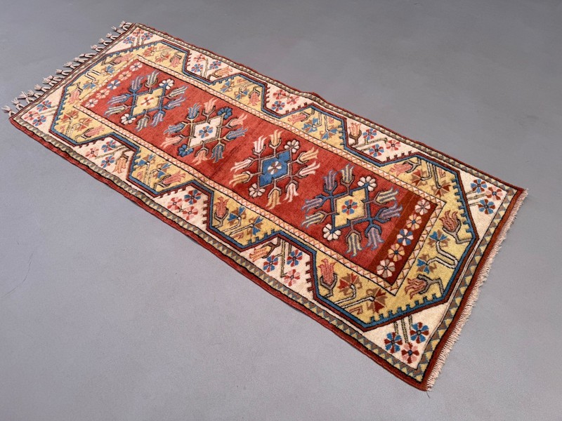 Vintage Turkish Runner 81x190 cm Milas Rug, Terracotta Red, Green, Beige 2575 gallery