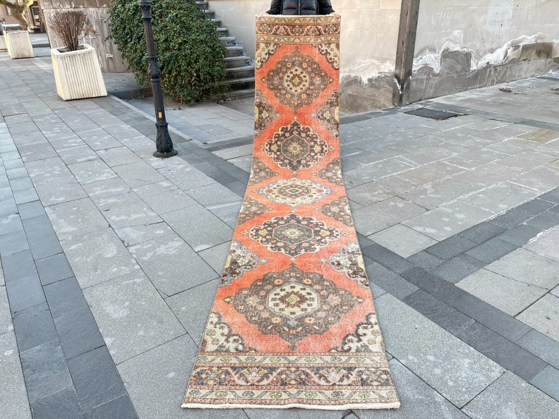 Vintage Turkish Oushak Runner Rug 2.4x12.4 Ft Coral Medallion Wool gallery