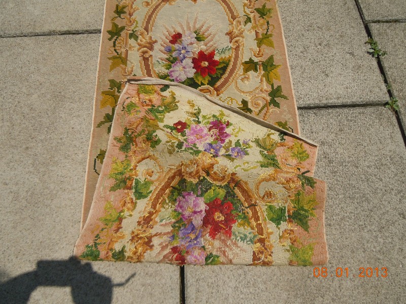 OLD French Floral Garland Bouquets Medallion Tapestry Needlepoint 10 ft Runner gallery