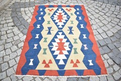 Turkish Kilim Rug 3’9 x 5’4 ft. Vintage Hand Woven Oushak Kilim Wool Kilim Rug
