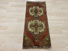 Vintage Anatolian Rug 1.2×2.8 ft Double Medallion Small Carpet Antique Wool Mat