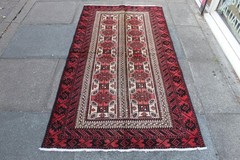 Vintage Hand Made Traditional Oriental Wool Beige Red Long Rug 191x103cm