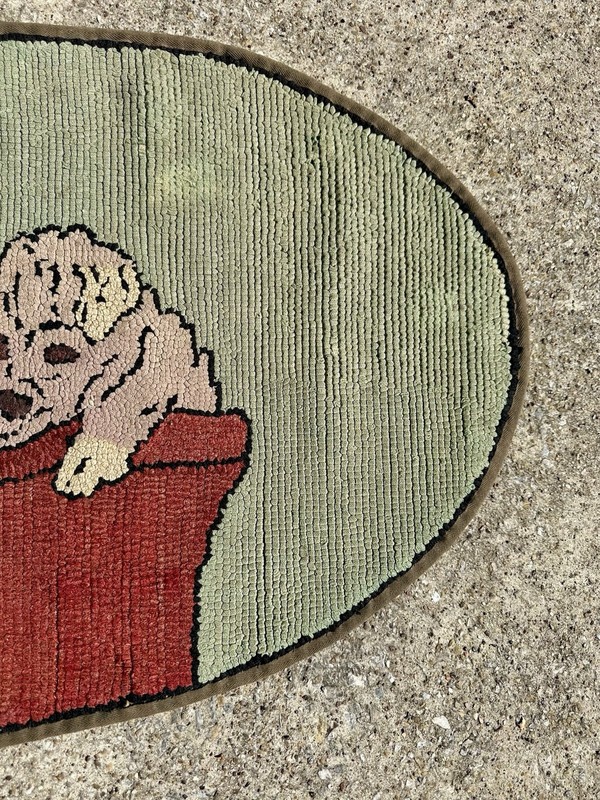 Antique Hand Hooked Dog Rug Folk Art Dogs Puppies Wool 19.5 x 37 Oval Primitive gallery