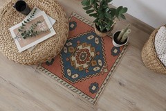 Turkish Mini Rug, Handmade Wool Door Mat Blue, Bathroom Door Mat 2×2 ft