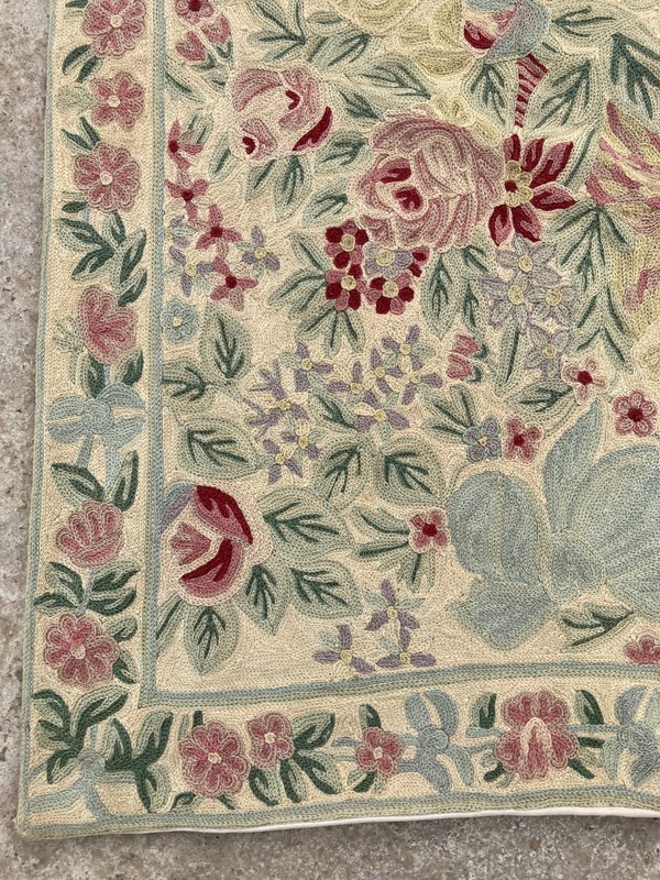 Vintage Handmade Kashmir French Floral Wool Chain Stitch Rug 90x59 cm gallery