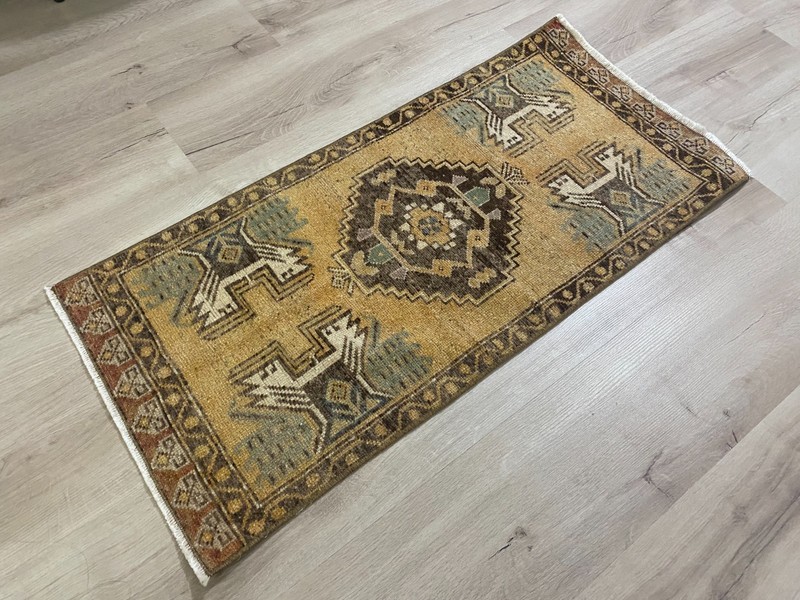 Vintage Turkish Handmade Wool Oriental Rug Gold Brown Entryway Runner 1.5x3.2 Ft gallery