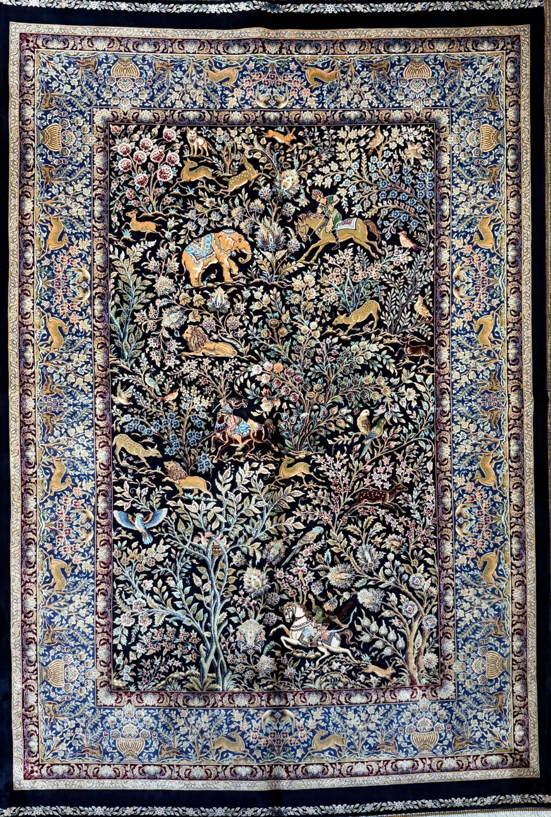 Hunting Pattern Silk Rug 3x5, Animal Pictorial, Vintage Design Bamboo Silk, New gallery