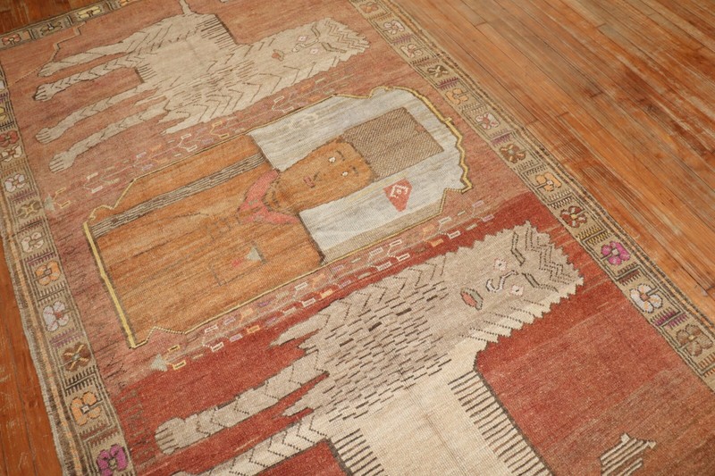 Vintage Kurdish Kars Pictorial Lion King Gallery Rug Size 5'2''x9' gallery