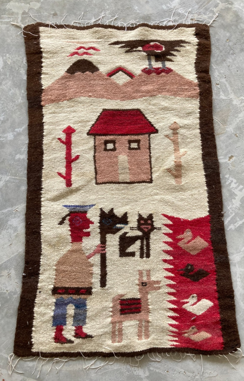 Vintage Handmade Peruvian Pictorial Wool Kilim Rug Carpet 98X59 cm gallery
