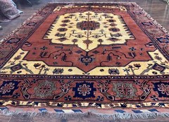 Afghan Heriz Rug 9×12 Tribal Geometric Serapi Rust Cream Navy Wool on Wool