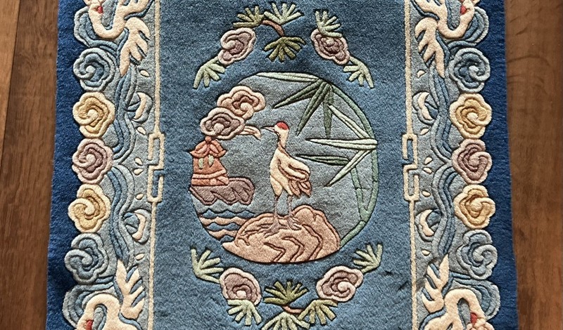 ANTIQUE CHINESE ART DECO PICTORIAL CRANE BIRD THICK BLUE WOOL RUG 5’x2’ gallery