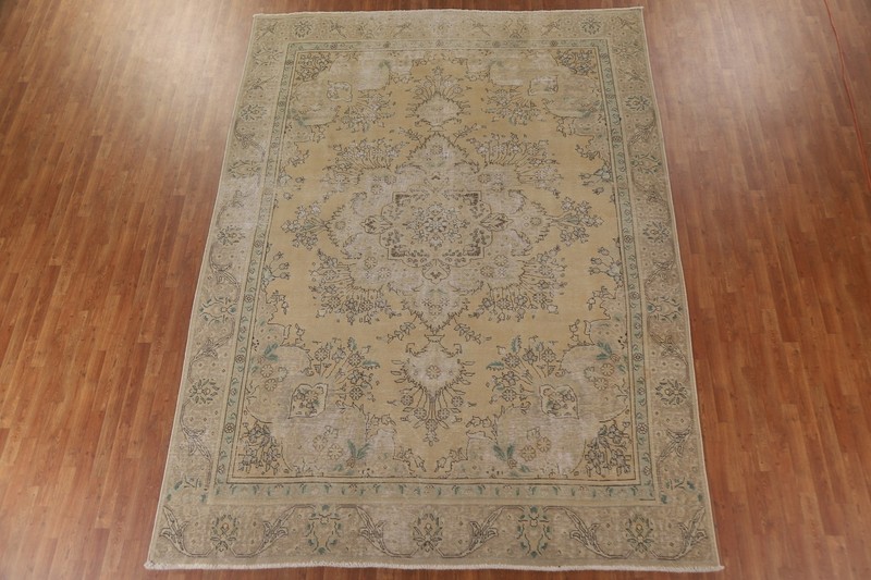 Vintage Muted Gold Tebriz Traditional Living Room Rug 9x12 Hand-made Wool Carpet gallery