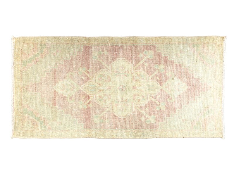 Vintage Handmade Turkish Oushak Wool Mat Rug 1'7" × 3'5" ft - Soft Rose Green gallery
