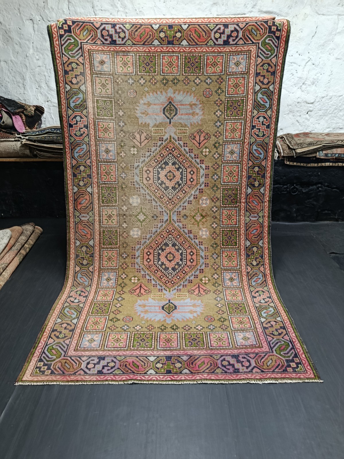 Unique Bulgarian Vintage Green Geometric Rug, 4.7x8.2ft, Carpet from the 1950s gallery