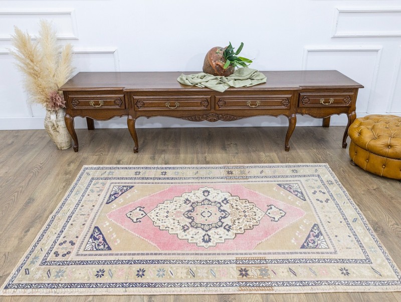 Vintage Traditional Turkish Oushak Wool Rug 3.10x5.11 ft Handmade Area Carpet gallery