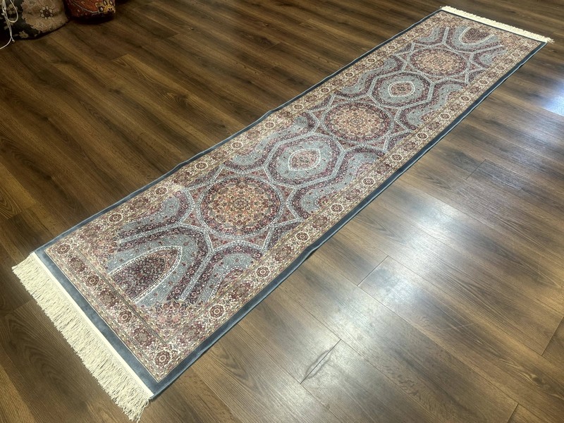 Turkish Silk Runner Rug 2.6 x 10, Light Blue Carpet, Bamboo Silk, New gallery