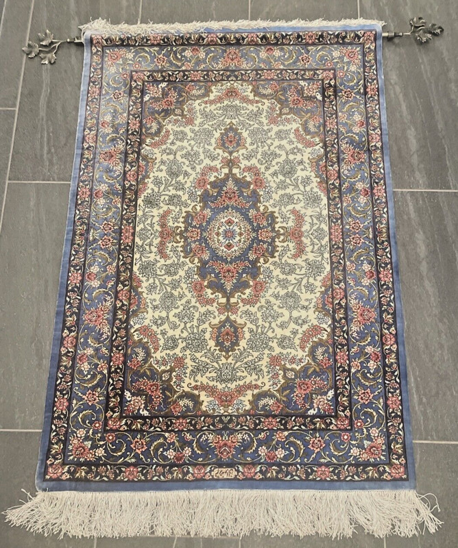 AUTHENTIC QOUM SILK WALL HANGING RUG SIGNED " REZVANI " gallery