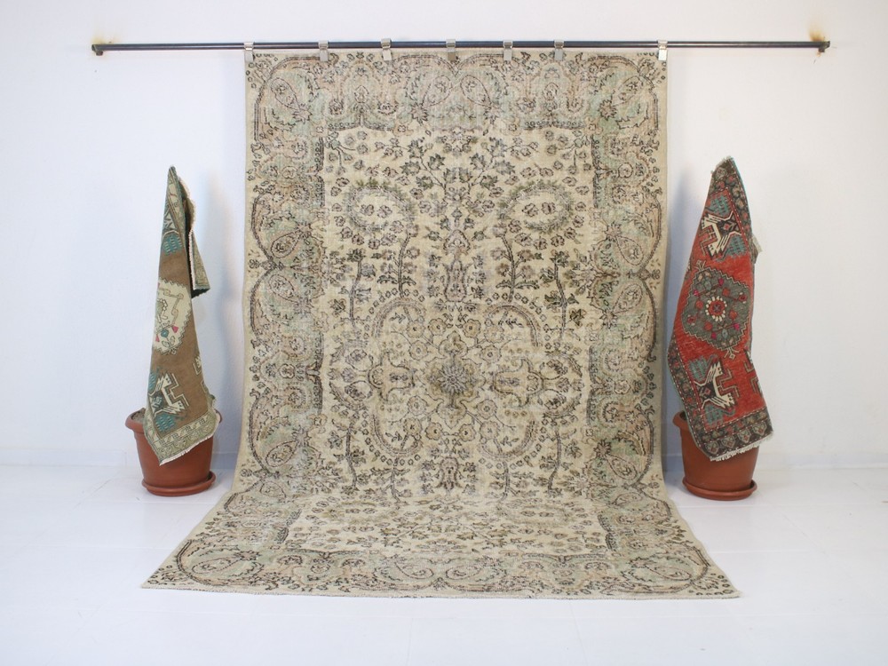6x9 Turkish Handmade Area Rug Beige Green Brown Floral 5.8x8.9 ft